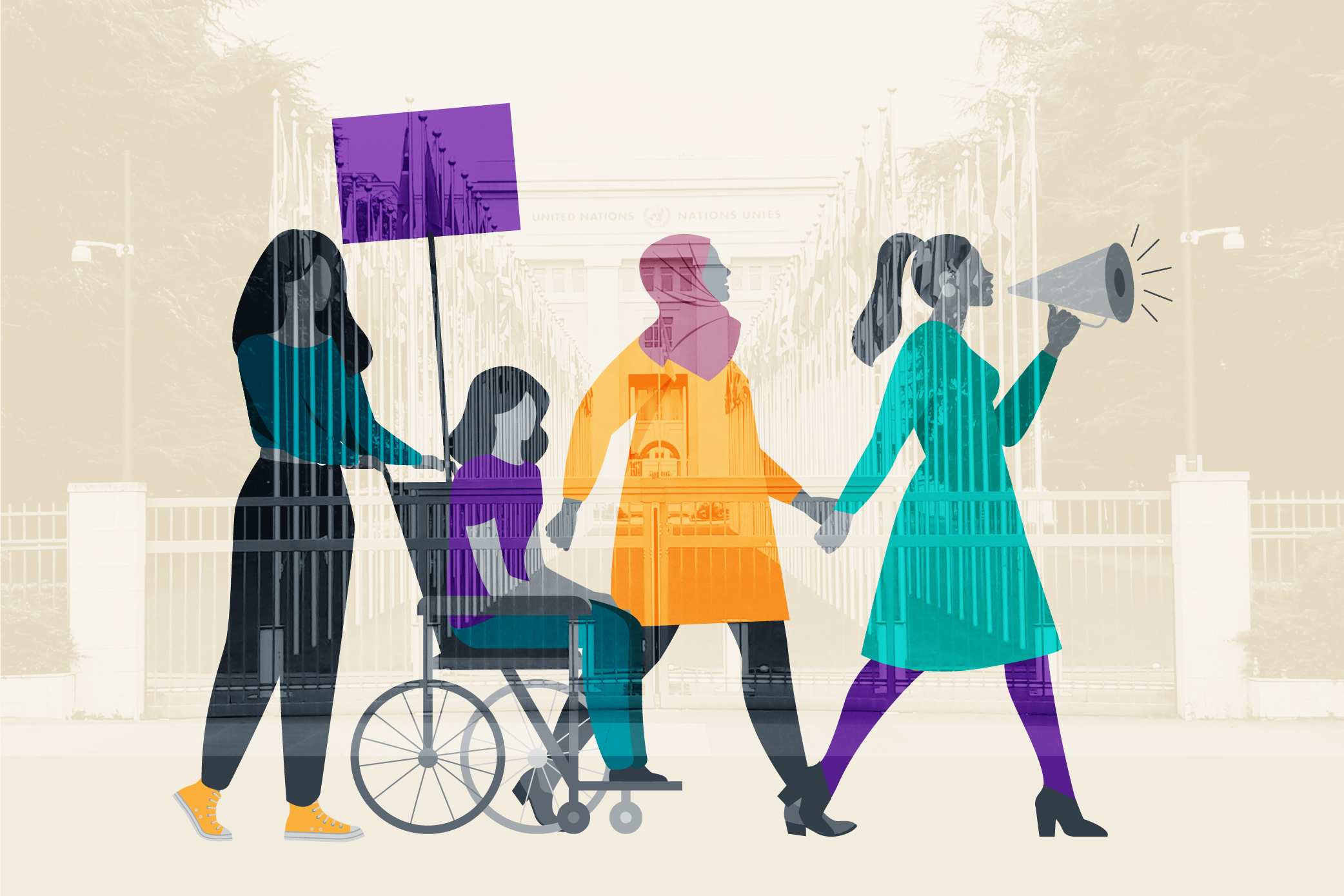 Illusration of four women walking. One is in a wheelchair. Behind is a photo of the UN building in Geneva.