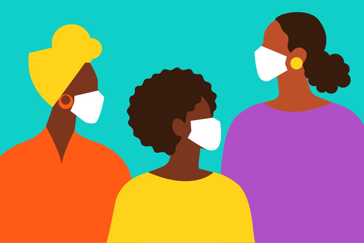 Graphic illustration of three black women. All with masks.
